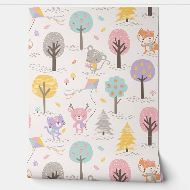 Papier Peint Animaux mignons de la forêt d'automne avec des cer (Déroulement)