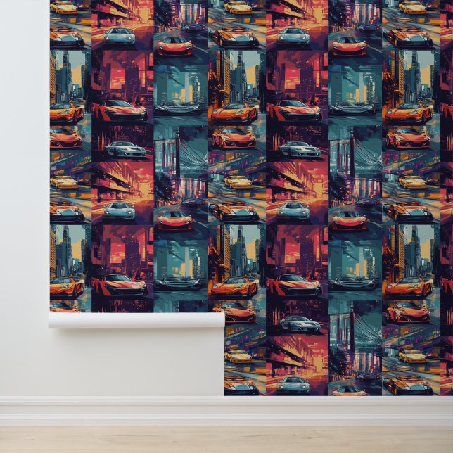 Papier Peint Animé rétro course voiture pop art imaginaire mond (Application)