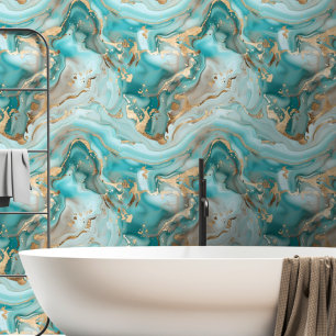 Papier Peint Aqua Blue Green Gold Marbré