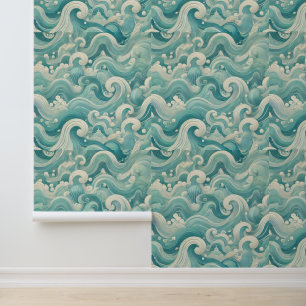 Papier Peint Aqua Blue & White Wave Abstraite - Art moderne Flu