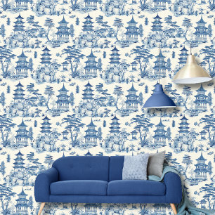 Papier Peint Aquarelle Bleu Blanc Pagode Japonaise Paysage