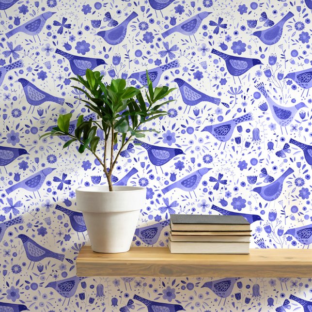 Papier Peint Aquarelle bleu et blanc Oiseaux et fleurs (Blue and white watercolor bird and wildflower art wallpaper)