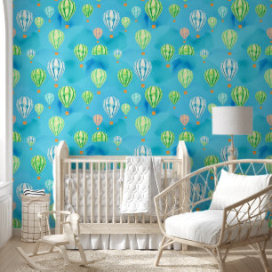 Papier Peint Aquarelle Bleu et Vert Ballons à air chaud