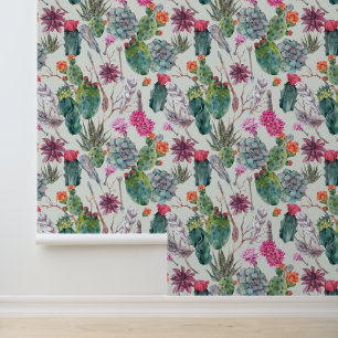 Papier Peint Aquarelle Boho exotique Cactus et Motif succulent
