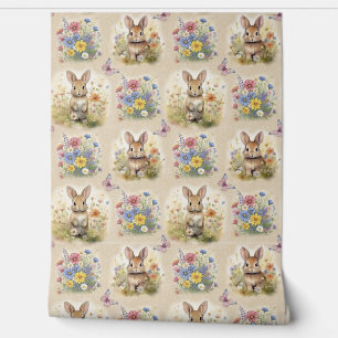 Papier Peint Aquarelle Bois Animal Lapin Floral Papillon