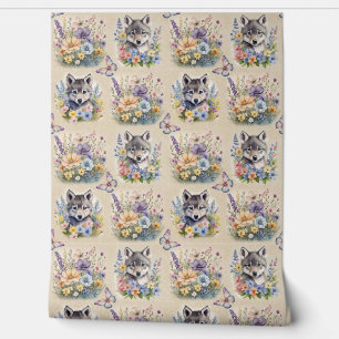 Papier Peint Aquarelle Bois Animal Wolf Floral Papillon