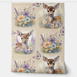 Papier Peint Aquarelle Bois Cerf animal Papillon floral