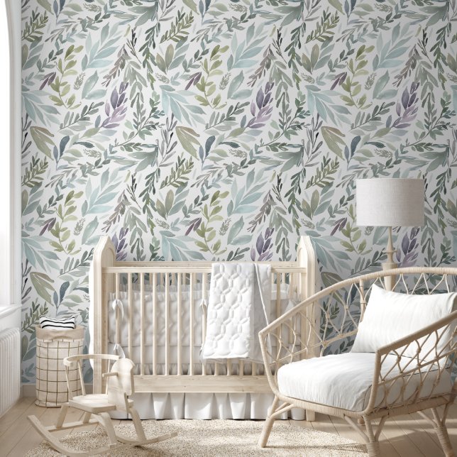 Papier Peint Aquarelle botanique bleu vert (Enfants)