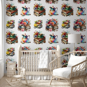 Papier Peint Aquarelle café, thé, livres Vintages et fleurs