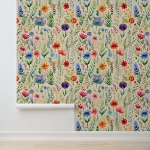 Papier Peint Aquarelle Champ de fleurs sauvages sur la crème