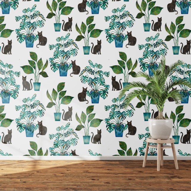 Papier Peint Aquarelle Chat noir Monstera Houseplant (Black cat with monstera houseplants watercolor  art wallpaper)