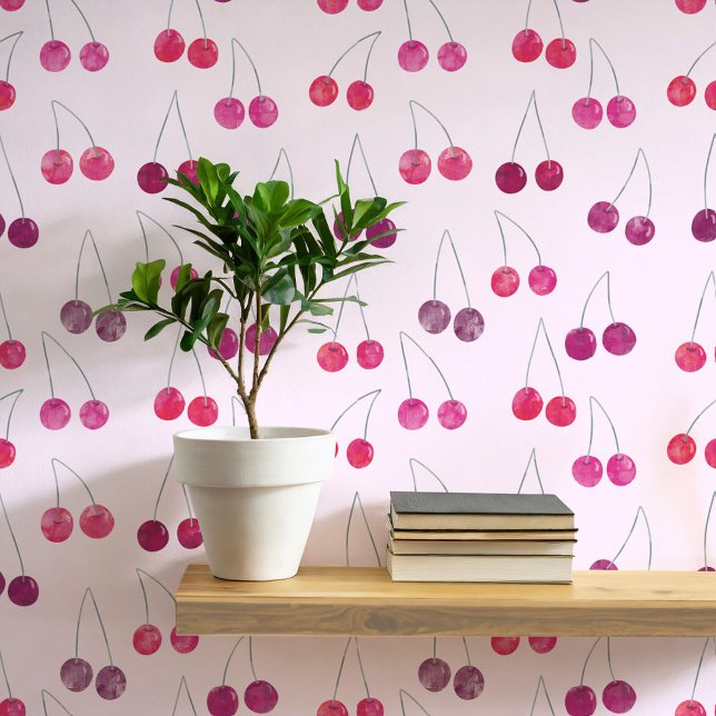 Papier Peint Aquarelle Chercher Motif rose (Sweet watercolor cherry pattern art wallpaper in pink )