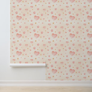 Papier Peint Aquarelle Coeurs et Empreintes de pattes Motif