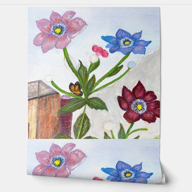 Papier Peint Aquarelle de fleurs avec un papillon reposant (Déroulement)