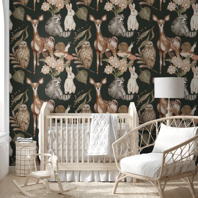 Papier Peint Aquarelle de la forêt foncée Deer & Green Wallpape (Enfants)