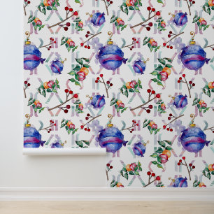 Papier Peint Aquarelle Décorations de Noël Bleu Rouge