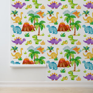 Papier Peint Aquarelle Dinosaures Trex Volcano Palmiers Enfants