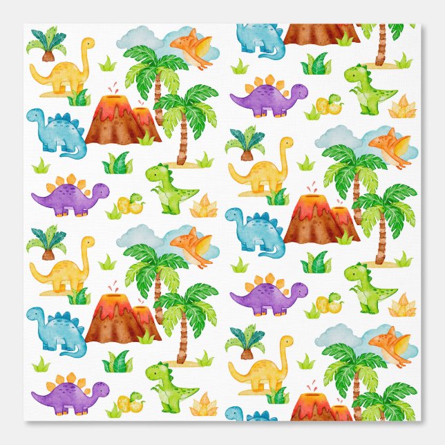 Papier Peint Aquarelle Dinosaures Trex Volcano Palmiers Enfants (Recto)
