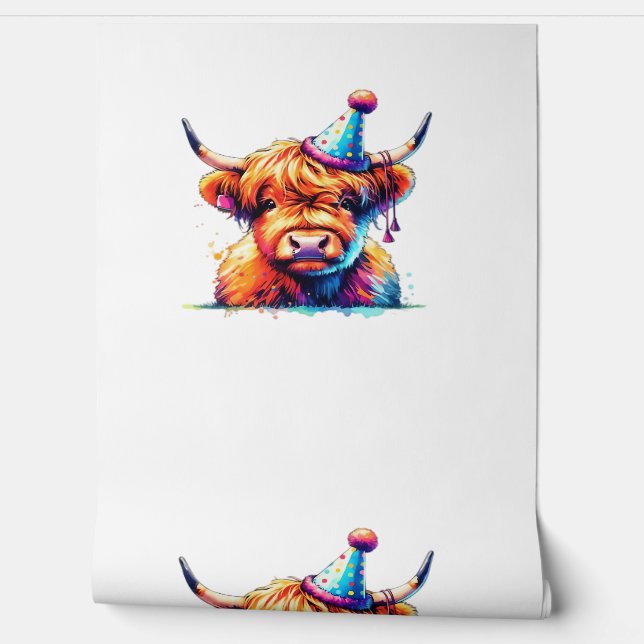 Papier Peint Aquarelle écossaise Highland Cow Anniversaire Esse (Déroulement)