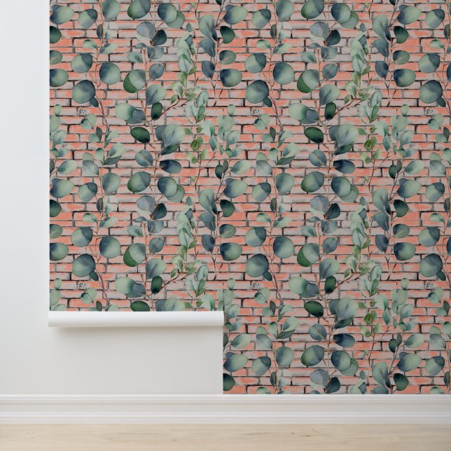 Papier Peint Aquarelle Eucalyptus Branche de briques Feuilles V (Application)