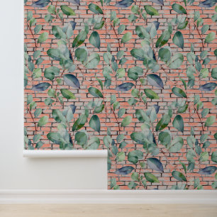 Papier Peint Aquarelle Eucalyptus Rustique brique Feuille verdu