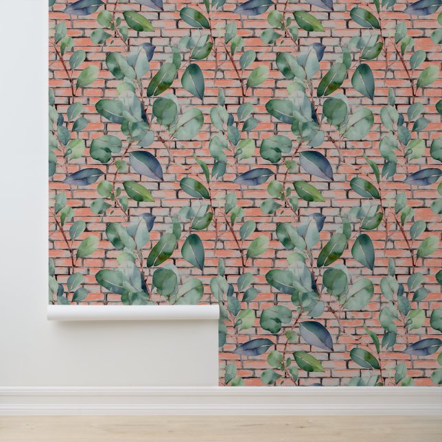 Papier Peint Aquarelle Eucalyptus Rustique brique Feuille verdu (Application)