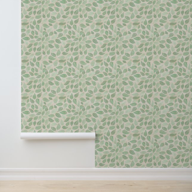 Papier Peint Aquarelle Feuilles botaniques, vert sur beige (Application)