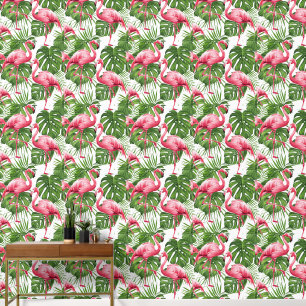 Papier Peint Aquarelle Flamant rose rose Feuille tropical Motif