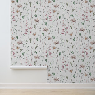 Papier Peint Aquarelle Florale Botanique Rose Vert Pastel