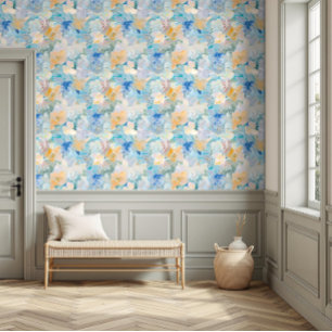 Papier Peint Aquarelle Florale Plutôt Vibrante Bleu & Jaune