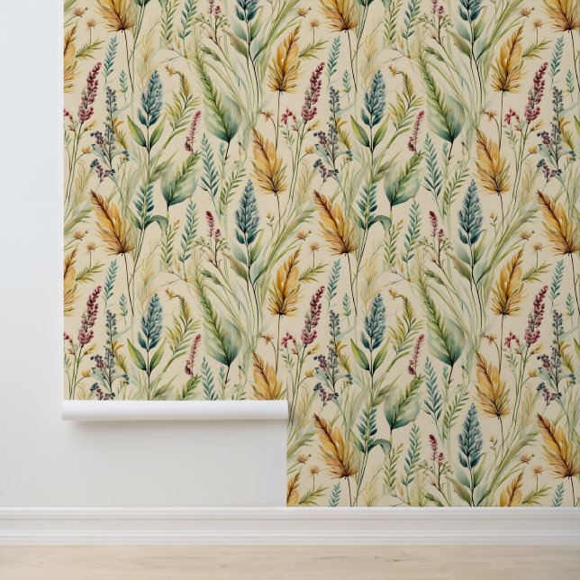 Papier Peint Aquarelle Grasses sauvages sur crème (Application)