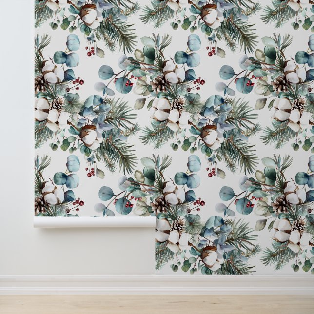 Papier Peint Aquarelle hiver pin à coton Noël (Application)