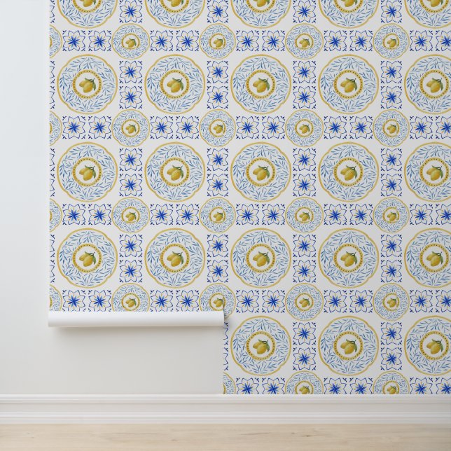 Papier Peint Aquarelle Italienne Carrelage Citron Motif (Application)