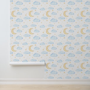 Papier Peint Aquarelle Lune étoiles et nuages Motif