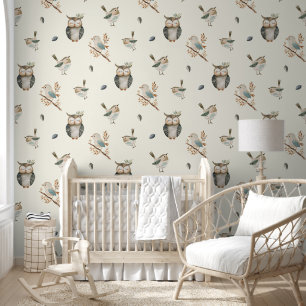 Papier Peint Aquarelle mignonne Oiseaux de bois Boho Nursery