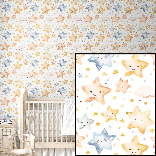 Papier Peint Aquarelle mignonne Orange Bleu Étoiles (Créateur téléchargé)