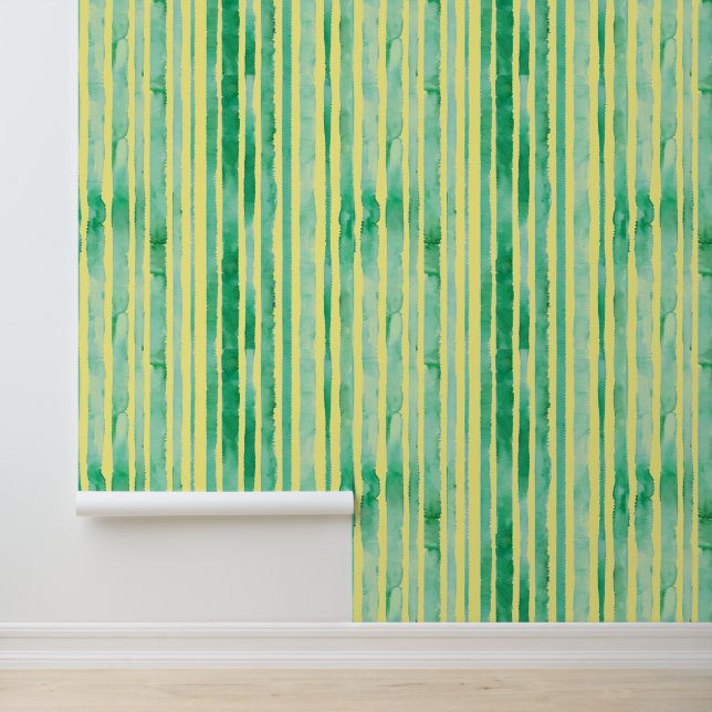 Papier Peint Aquarelle Mint Vert Yellow Stripes Motif Cool (Application)