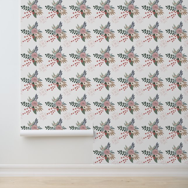 Papier Peint Aquarelle Noël Floral rose et vert (Application)