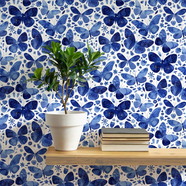 Papier Peint Aquarelle Papillon bleu et blanc (Blue and white watercolor butterfly pattern peel and stick art wallpaper)