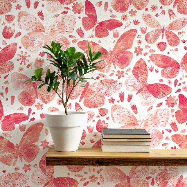 Papier Peint Aquarelle Papillon Corail Art rose (Coral blush pink and white watercolor butterfly pattern art wallpaper)
