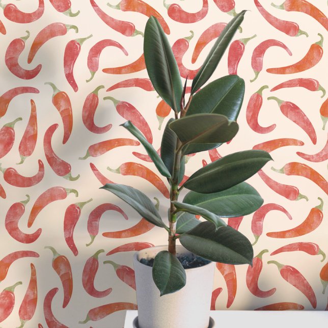 Papier Peint Aquarelle Piment Rouge Crème (Hot and spicy red chili pepper watercolor pattern art wallpaper)
