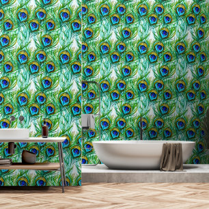 Papier Peint Aquarelle Plumes de paon bleu et vert Collage