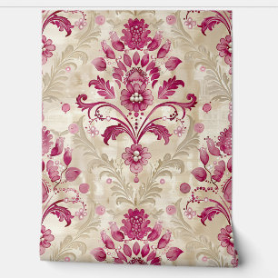 Papier Peint Aquarelle rose et crème Damask et perles Faux