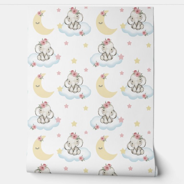 Papier Peint Aquarelle rose Floral Baby Eléphant Nuages Etoiles (Déroulement)