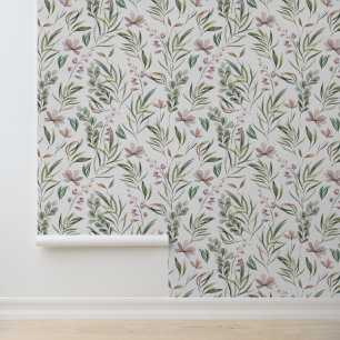 Papier Peint Aquarelle rose Floral Vert Feuillage Botanique