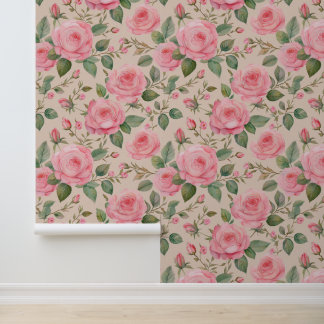 Papier Peint Aquarelle rose Victorien Rose verdure sur crème