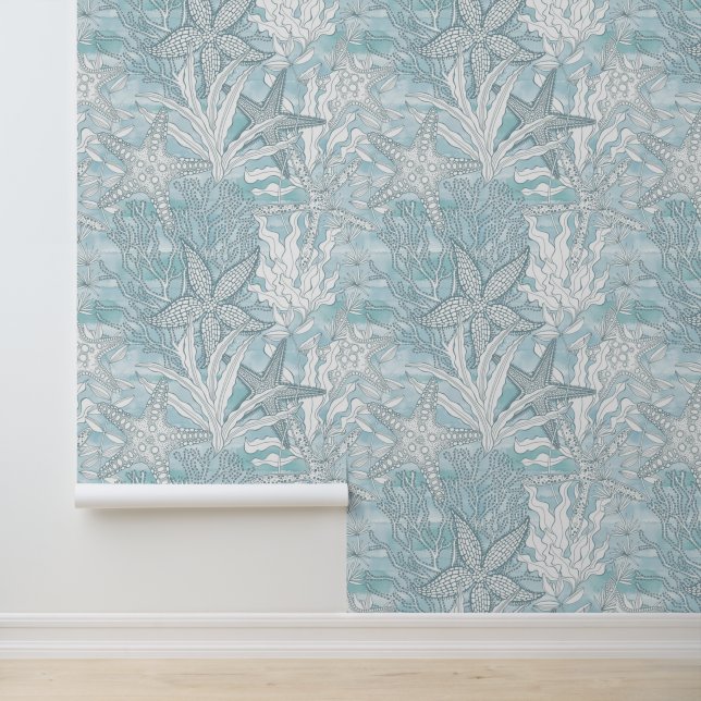 Papier Peint Aquarelle sous-marine Plantes Starfish Bleu Côte (Application)