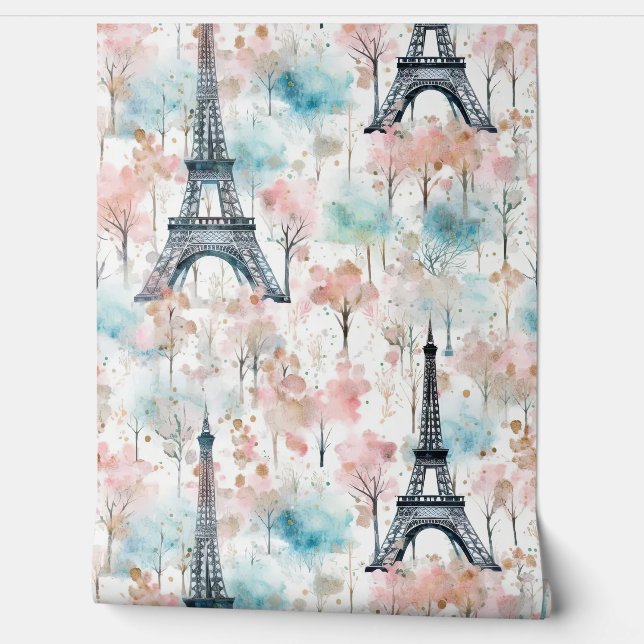 Papier Peint Aquarelle Tour Eiffel Paris Bleu rose (Déroulement)