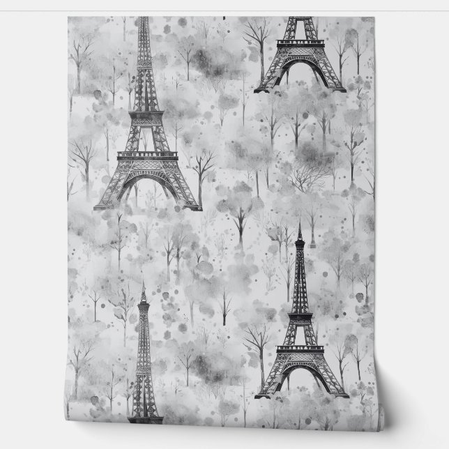 Papier Peint Aquarelle Tour Eiffel Paris Noir Blanc (Déroulement)