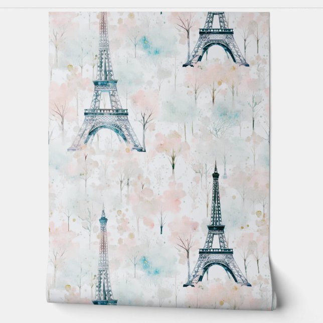 Papier Peint Aquarelle Tour Eiffel Paris Pastel (Déroulement)